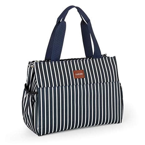 VARANO Lunch Bags for Women/Girls Insulated Lunch Box Lunch Tote Cooler Bag with Drink Holder Fashionable Insulated Lunchbox for Picnic School Work (Dark Blue & White Stripe)