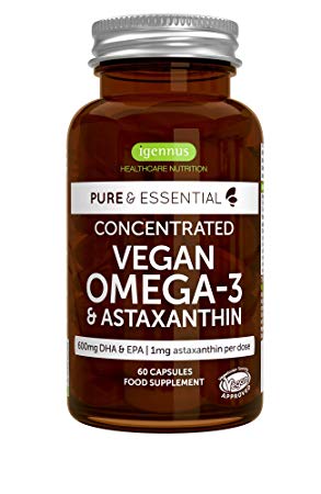 Igennus Healthcare Nutrition Pure & Essential Vegan Omega 3 Algae Oil 1340mg, DHA EPA 600mg and Astaxanthin, 60 Capsules
