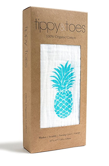Tippy Toes Organic Muslin Swaddle Baby Blanket, Turquoise Pineapple, Large 47 inch x 47 inch