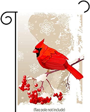 uHome Red Cardinal Bird Garden Flag, Winter Snow Background, Double-Sided, Winter/Christmas Yard Flag to Bright Up Your Garden 12.5" x 18" (Red Cardinal)