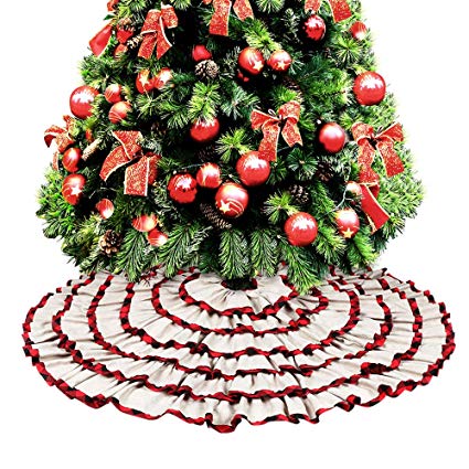 O-heart Burlap Christmas Tree Skirt, 48 inches 6 Layered Buffalo Check Plaid Pleated Ruffle Tree Skirt, Rustic Xmas Tree Farmhouse Holiday Decorations