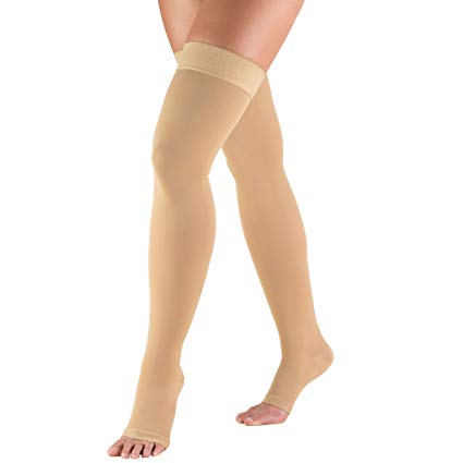 Truform 20-30 mmHg Compression Stockings for Men and Women, Thigh High Length, Dot-Top, Open Toe, Beige (Open Toe), 2X-Large (20-30 mmHg)