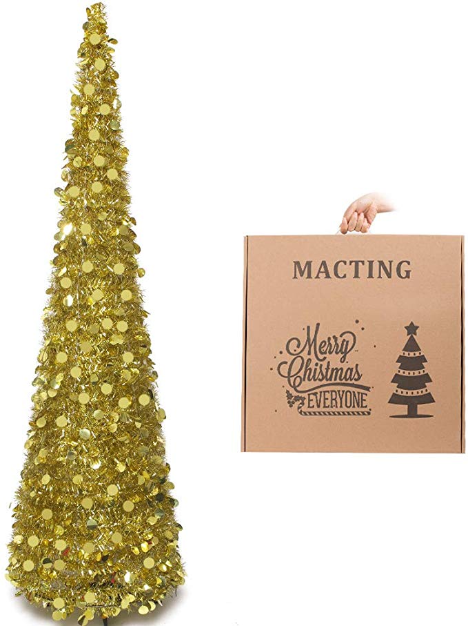 N&T NIETING Christmas Tree, 6ft/1.8m Collapsible Pop Up Gold Tinsel Christmas Tree Coastal Christmas Tree for Holiday Xmas Decorations, Home Display, Office Decor