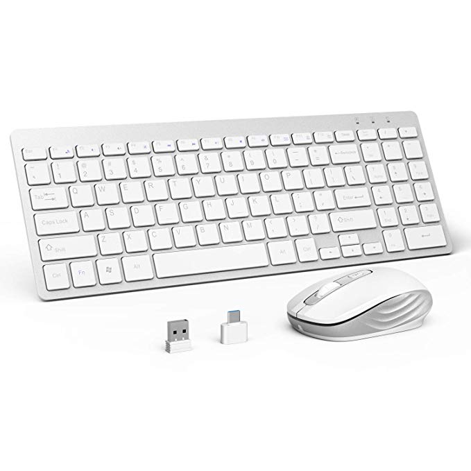 OMOTON Wireless Keyboard and Mouse Combo, 2.4GHz Ultra-Thin Wireless Keyboard and Mute Mouse with USB Receiver for PC Desktop Laptop with Windows XP/7/8/10/Vista, White