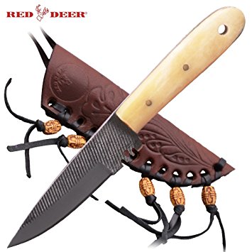 Red Deer Patch Knife High Carbon Steel Old File Knife with Leather Sheath (Bone Handle) Medium