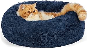 Bedsure Calming Cat Beds for Indoor Cats - Small Cat Bed Washable 20 inches, Anti-Slip Round Fluffy Plush Faux Fur Pet Bed, Fits up to 15 lbs Pets, Navy