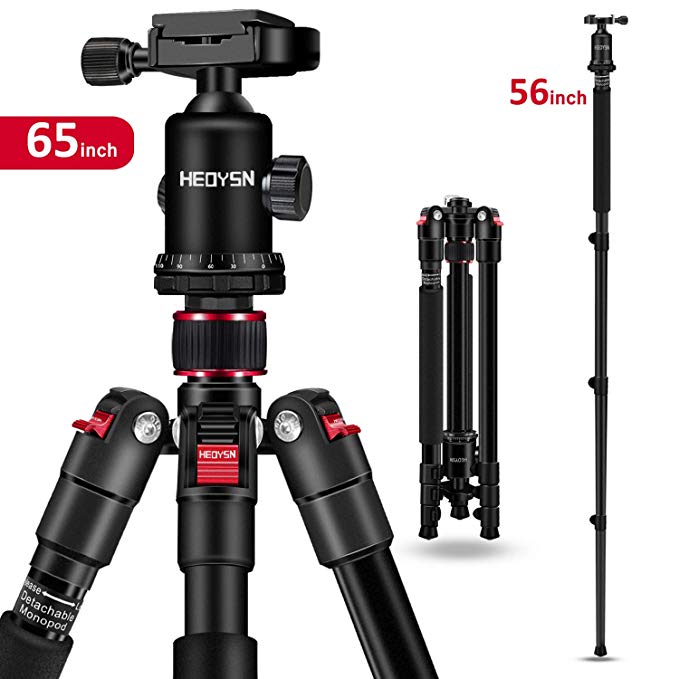HEOYSN 65 inch DSLR Tripod,Compact and Lightweight Aluminum Camera Tripod with 360 Panorama Ball Head Quick Release Plate Detachable Monopod, 17.64lbs Load with Carry Bag for Travel & Work