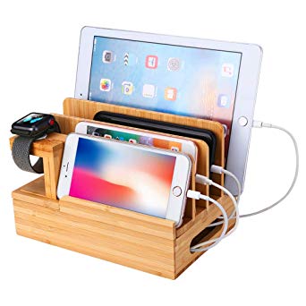 Bamboo Wood Charging Station – Wooden Multi Device Charging Station and Cord Organizer Compatible for Apple Watch 3/2/1, iPhone X/8/7/7Plus and Android Smartphones (Natural Wooden)