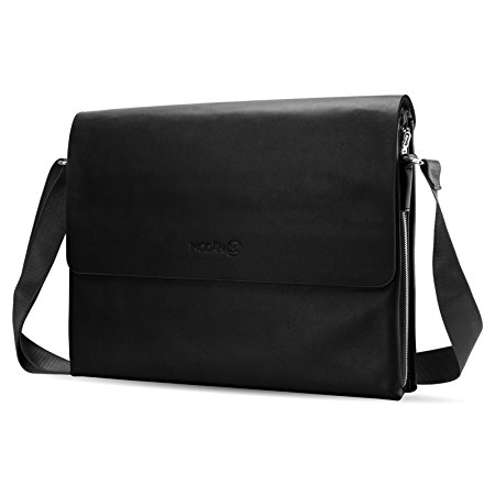 MODAN Black Leather Laptop Messenger Bag Case Cover Satchel for 14" Laptop, Macbook and Tablets