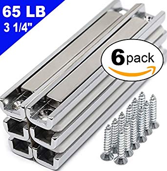 cms Magnetics Super Strong Neodymium Rare Earth Channel Magnets w/Countersunk Holes - 6 Piece Pack and 65 LB Holding Power Each - 3.25L x 0.5W x 0.25" T - Screws Included
