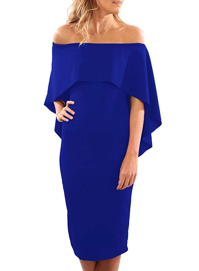 Dokotoo Womens Off Shoulder Ruffles Evening Party Bodycon Midi Pencil Dresses