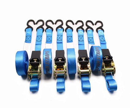 Scorpion Strap Ratchet Tie Downs 4 Pack - Great For Cargo Moving Hauling Securing - Breaking Strength 1500 Lb - Load Cap 500 Lb - 16.7ft Length - Blue