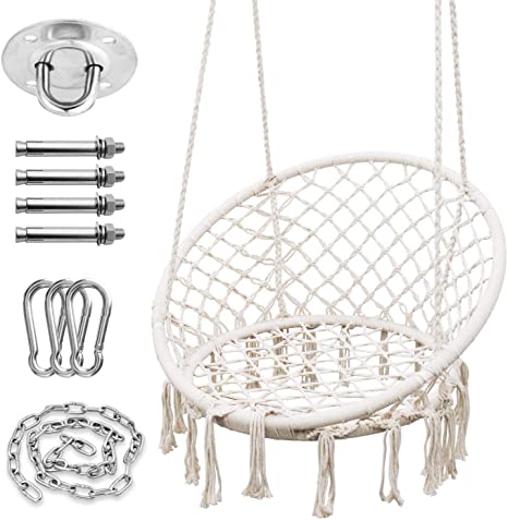 Hammock Chair with Durable Hanging Hardware Kit, Exquisite Dreamy Round Hanging Chair, 100% Cotton Rope Macrame Swing Chairs for Indoor/Outdoor Bedroom Patio Deck or Garden, Max 365 LBs, Beige