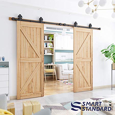 SMARTSTANDARD 10ft Heavy Duty Double Door Sliding Barn Door Hardware Kit -Smoothly and Quietly-Easy to install-Includes Step-By-Step Installation Instruction Fit 30" Wide Door Panel(Bigwheel T Hanger)