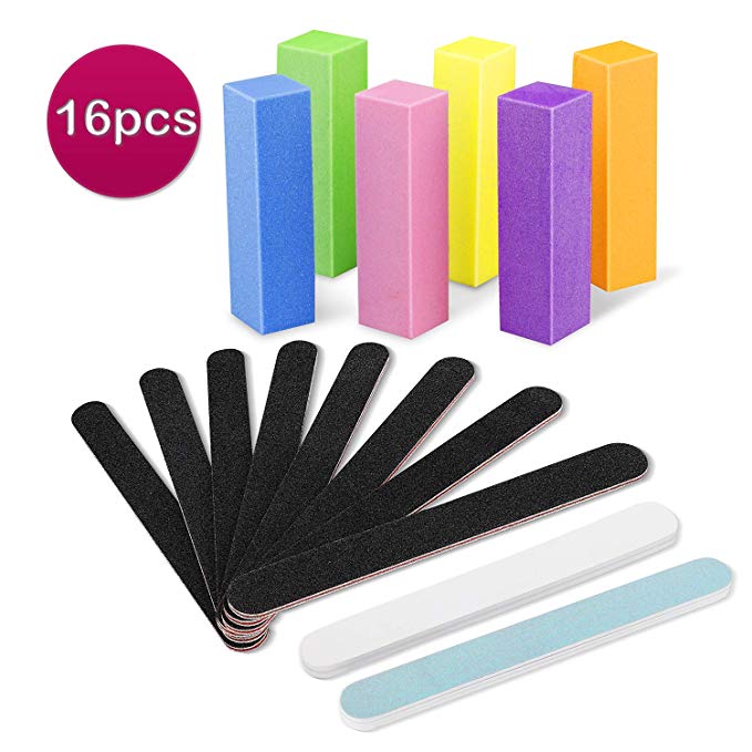 Nail Files and Buffer Set, 16 Pcs Professional Manicure Tools Kit, Double Sides 100/180 Grit Emery Board Rectangular Art Care Buffer Block Polisher for Natural and acrylic nails