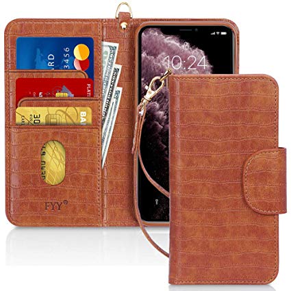 FYY Case for iPhone 11 Pro Max 6.5", [Kickstand Feature] Luxury PU Leather Wallet Case Flip Folio Cover with [Card Slots] and [Note Pockets] for Apple iPhone 11 Pro Max 6.5 inch Crocodile Brown