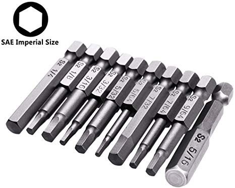 Yakamoz 10pcs SAE Imperial 5/64-5/16 Inch Hex Head Magentic Screwdriver Bit Set Allen Wrench Drill Bits Tool with 1/4" Hex Shank - 2 Inch Length
