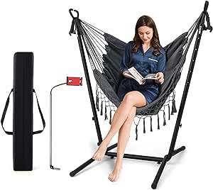 COSTWAY Hamac sur Pied avec Support en Métal 6 Hauteurs 96-146 cm, Chaise Suspendue en Coton Tissé Charge 250KG avec Oreiller Poche Latérale Porte-Téléphone et Sac (Gris)