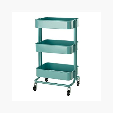 Rolling Organization Cart on Wheels Is Metal with 3 Deep Bins, Center Bin Is Adjustable, Color: Blue (Turquoise)