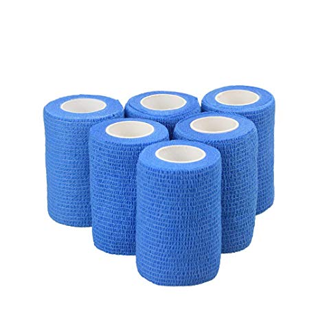 BuySoft 6 Rolls Adhesive Bandages Stretch Self Cohesive Tape Adherent Wrap Elastic Breathable Hand Tear Athletic Tape for First Aid Sports Pets Wrist Ankle Sprains (Blue, 3 Inches X 5 Yards)