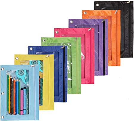 OFFICEPOCH Zippered Binder Pen Pencil Pouch 3 Rings with Clear Window for School Classroom Organizers 8 Pack (Multicolor)