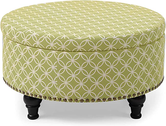 NHI Express Oversized Fabric Round Storage Ottoman Removable Lid Bench Coffee Table Wine Bar for Bedroom Living Room, Green