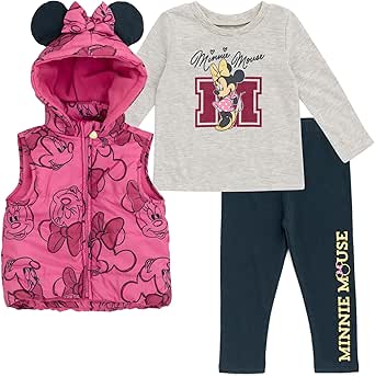 Disney Minnie Mouse Zip Up Vest Puffer T-Shirt and Leggings 3 Piece Outfit Set Infant to Big Kid