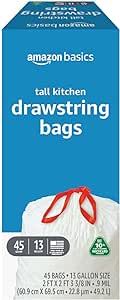 Amazon Basics - Tall Kitchen Trash Bags, 13 Gallon, 10% Post Consumer Recycled Content, Unscented, 45 Count, Pack of 1