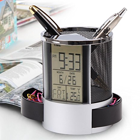 Arich Digital LED Desk Alarm Clocks Mesh Pen Pencil Holder Calendar Timer Temperature (Black)