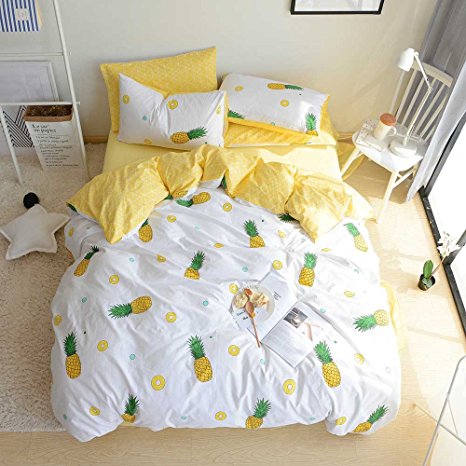 BuLuTu Pineapple Print Pattern Premium Cotton Twin Bedding Collections With 4 Corner Ties Bedding Duvet Cover Sets For Boys Girls White(No Comforter)
