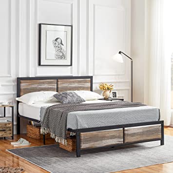 VECELO Queen Size Platform Bed Frame with Grey Oak Vintage Wood Headboard, Mattress Foundation, Strong Metal Slats Support, No Box Spring Needed