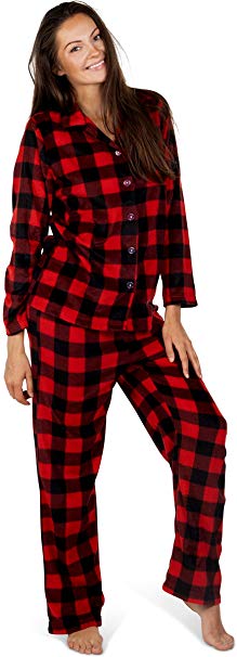 Totally Pink Micro Fleece Buffalo Plaid Womens Winter Pajama Set Teen and Girls
