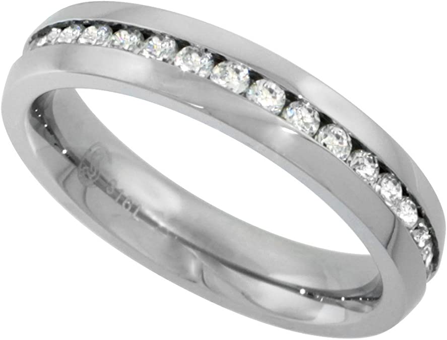 Surgical Stainless Steel Ladies 4mm CZ Eternity Ring Wedding Band Thin Comfort fit, Sizes 5-9
