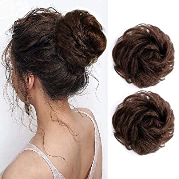 2PCS Messy Bun Hair Piece 100% Human Hair Scrunchies Buns Hair Pieces for Women Curly Wavy Black Bun Elegant Chignons Wedding (2PCS Human Hair, Medium Brown)