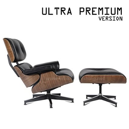 Urban Furnishing - Mid Century Plywood Lounge Chair & Ottoman - Ultra Premium Version, Black Aniline Leather / Walnut
