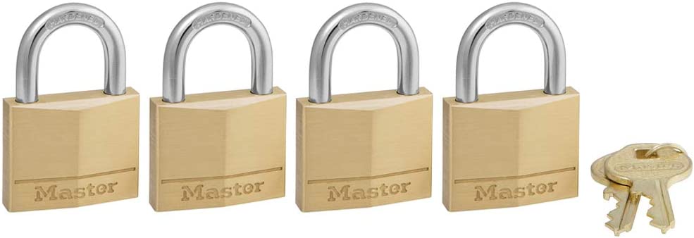 Master Lock 140Q Solid Brass Keyed Alike Padlock with 1-9/16-Inch Wide Body and 7/8-Inch Shackle, 4-Pack