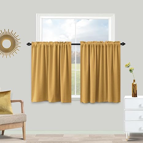 KOUFALL 24 Inch Small Curtains for Kitchen Gold Short Blackout Mini Curtains for Bedroom Bathroom 2 Panels,34x24 in Long