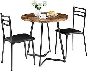 VECELO Round Kitchen Table with 2 Upholstered Chairs, 3-Piece Wood Dinette Sets with Steel Frame for Breakfast Nook, Dining Room, and Small Space, Brown