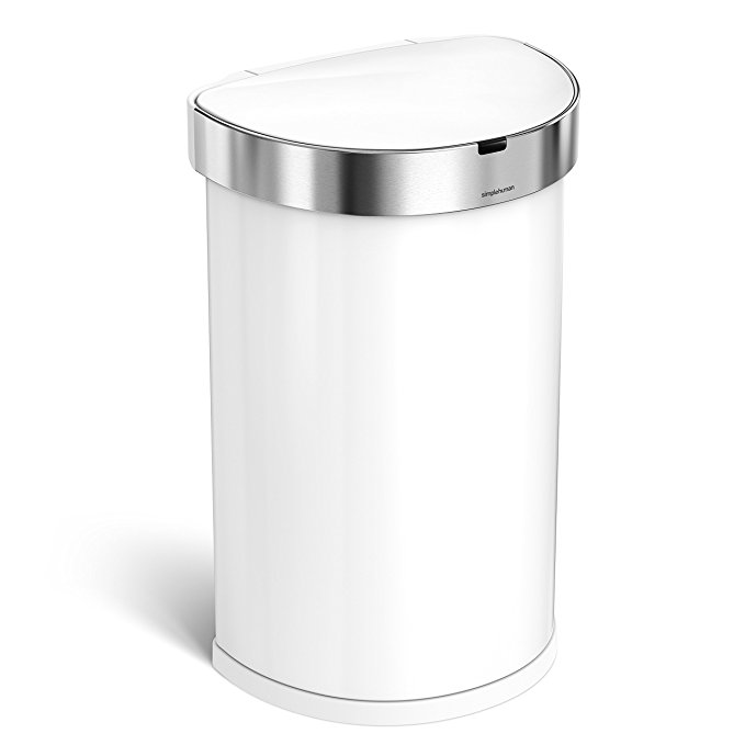 simplehuman Semi-Round Sensor Can with Liner Pocket, Hands-free Automatic Trash Can, White Stainless Steel, 45 L / 11.8 Gal