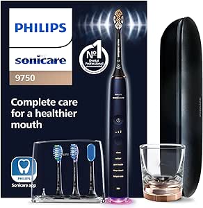 Philips Sonicare DiamondClean Smart 9750 Electric Toothbrush, Sonic Toothbrush with App, Pressure Sensor, Brush Head Detection, 5 Brushing Modes and 3 Intensity Levels, Lunar Blue, Model HX9954/74