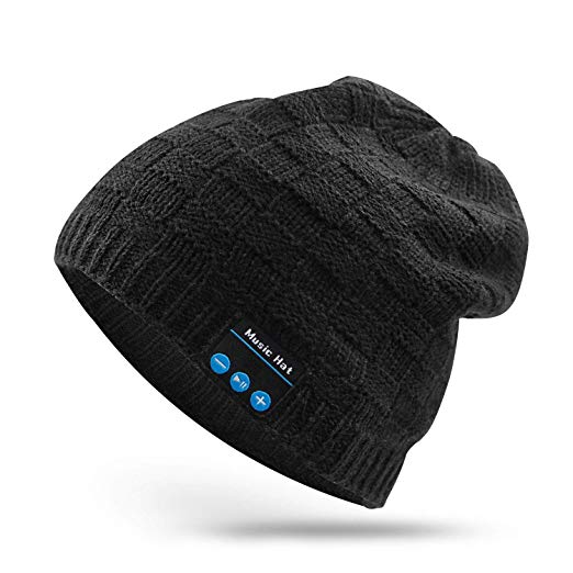 RQN Bluetooth Music Soft Hat Warm Beanie with Stereo Headphone Speaker Wireless Mic Hands-Free for Men Women Fitness Winter Outdoor Sports Running Skiing Hiking Christmas Birthday Gift (Grid Black)