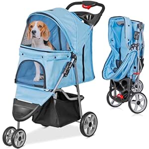 ZENY Foldable Pet Stroller, Cat/Dog Stroller with 3 Wheel, Pet Strolling Cart, Dog Travel Carrier with Storage Basket   Cup Holder (Blue)