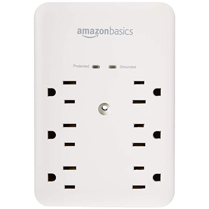 AmazonBasics 6 Outlet, Wall-Mount Surge Protector, 2 USB ports 3.4A, 1080Joules