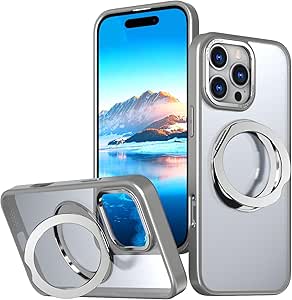 Mangix for iPhone 16 Pro Max Case,360° Rotatable & Invisible Magnetic Ring Stand Compatible with MagSafe, Anti-Fingerprint Protective Cover Translucent Back for iPhone 16 ProMax Case (Titanium Black)