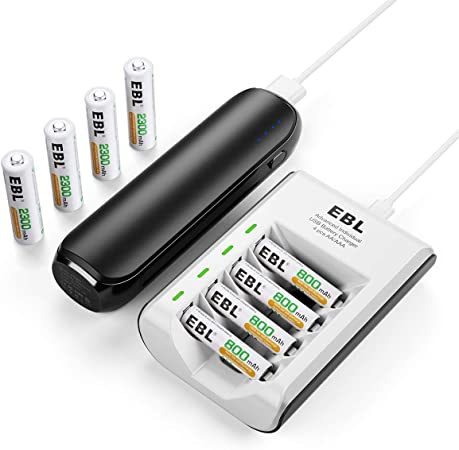 EBL USB AA AAA Smart Battery Charger with Slim Power Bank Portable Charger 6700mAh and AA Rechargeable Batteries 2300mAh (4 Pack) and AAA Rechargeable Batteries 800mAh (4 Pack)