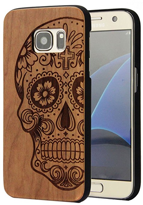 Galaxy S7 Case, YFWOOD Wooden Carved Sugar Skull Galaxy S7 Case Natural Cherrywood With Plastic Covering Case for Samsung Galalxy S7