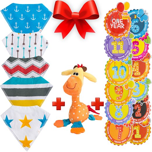 Best Baby Bib Set by NinoStar Complete Pack of 5 Bandana Drool Bibs ,1 Stuffed Giraffe Plush Toy 12 Monthly Milestone Stickers Infant Snap-on Drooling Towels Perfect Baby Shower Gift for Boys or Girls