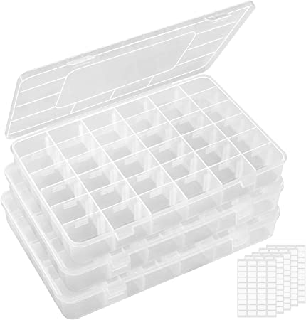 Lifewit 3 Pack 36 Grids Clear Stackable Plastic Organizer Storage Box Container with Adjustable Dividers for Beads, Art DIY, Crafts, Jewelry, Fishing Tackle with 5 Sheet Label Stickers