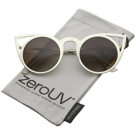 zeroUV - Womens Fashion Round Metal Cut-Out Flash Mirror Lens Cat Eye Sunglasses