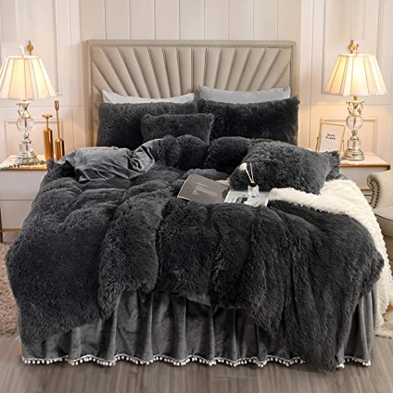 XIYU Luxury Plush Shaggy Duvet Cover Set Ultra Soft Crystal Velvet Bedding Sets 3 Pieces(1 Faux Fur Duvet Cover   2 Faux Fur Pillowcase) (Queen, Dark Gray)